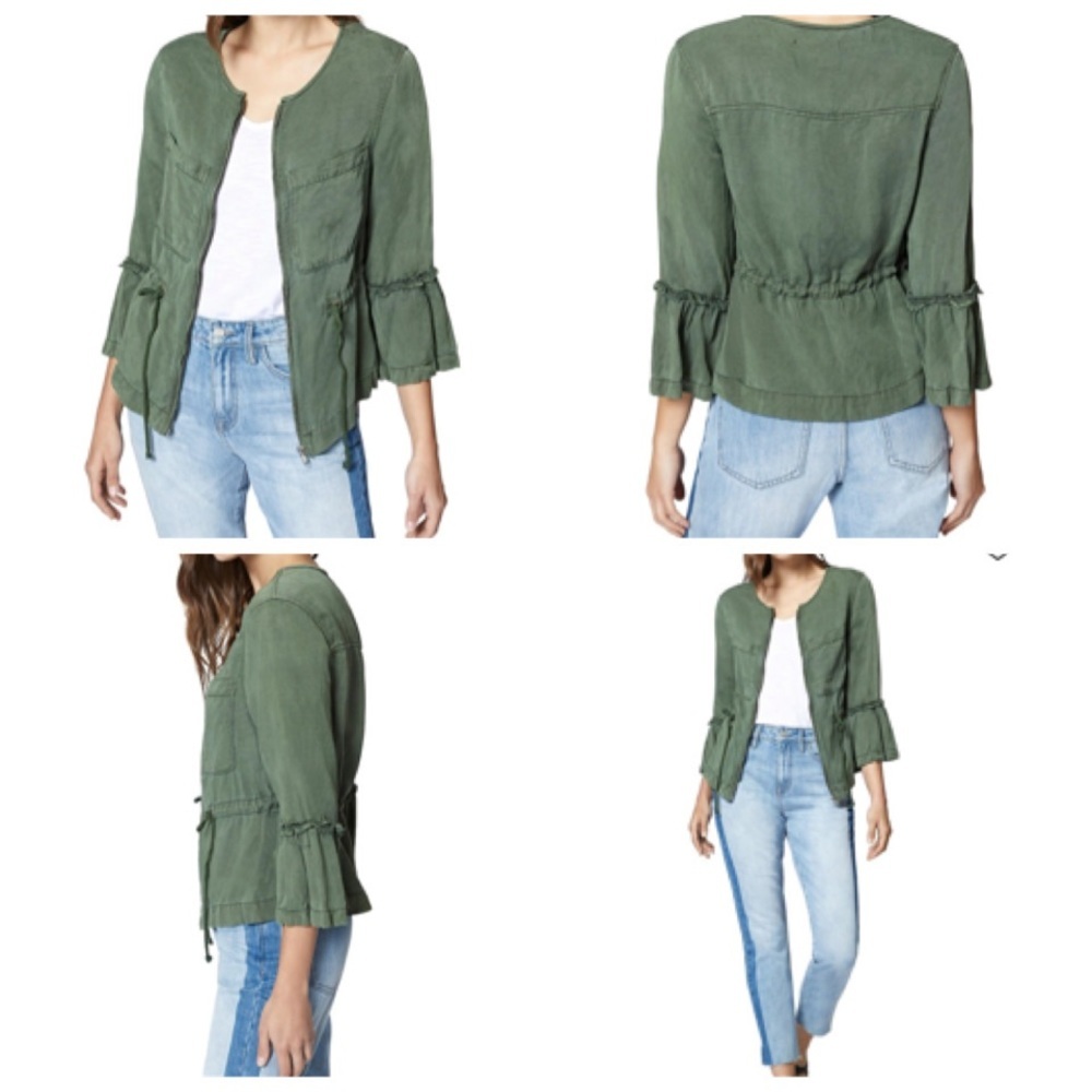 Sanctuary Olive Green Military Frill Ruffle Linen Utility Jacket Bell Sleeves S